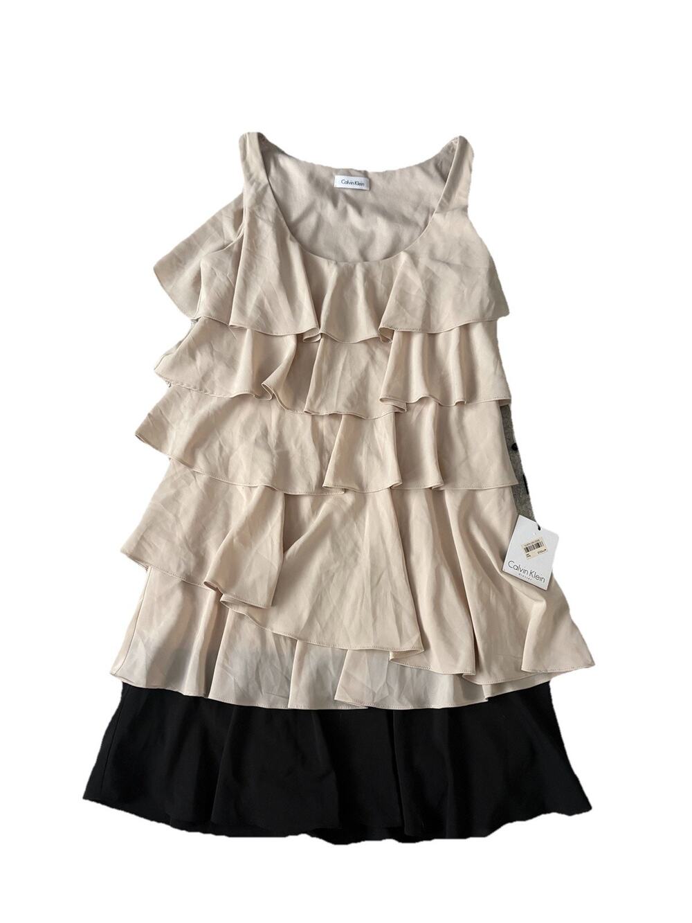 Calvin Klein Tiered Beige Black Ruffle Dress NWT Size 8 Summer Party Work $139